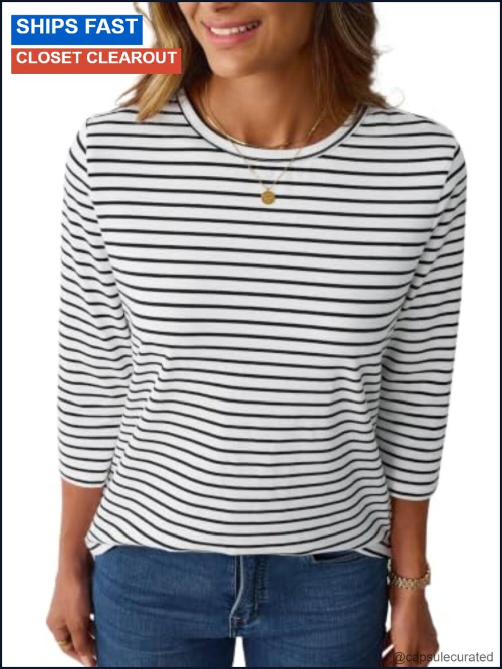 95% Cotton Striped Boatneck T-Shirt 3/4 Sleeve
